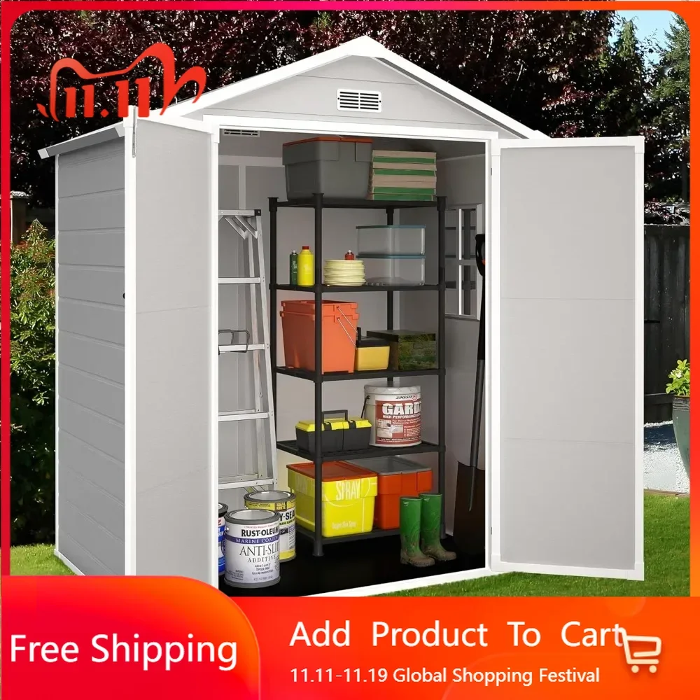 6 X 4 FT Outdoor Storage Shed with Floor, Side Window, Lockable Door, Front & Rear Vents, Resin Plastic Storage Shed