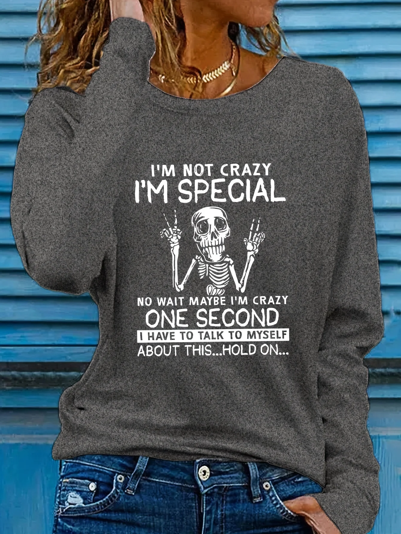 Women's Humorous Skeleton Peace Sign Graphic Long Sleeve T-Shirt - 