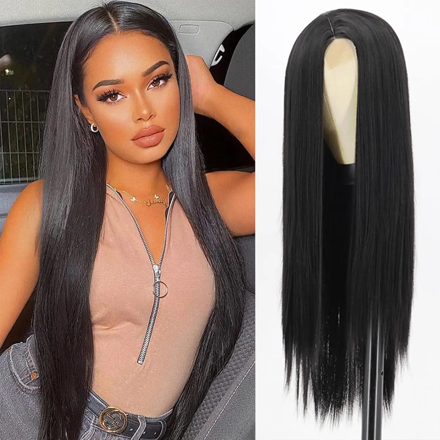 Perruque Lace Front Wig naturelle Remy lisse et soyeuse, cheveux longs noirs, 4 couleurs, avec raie au milieu, pour femmes