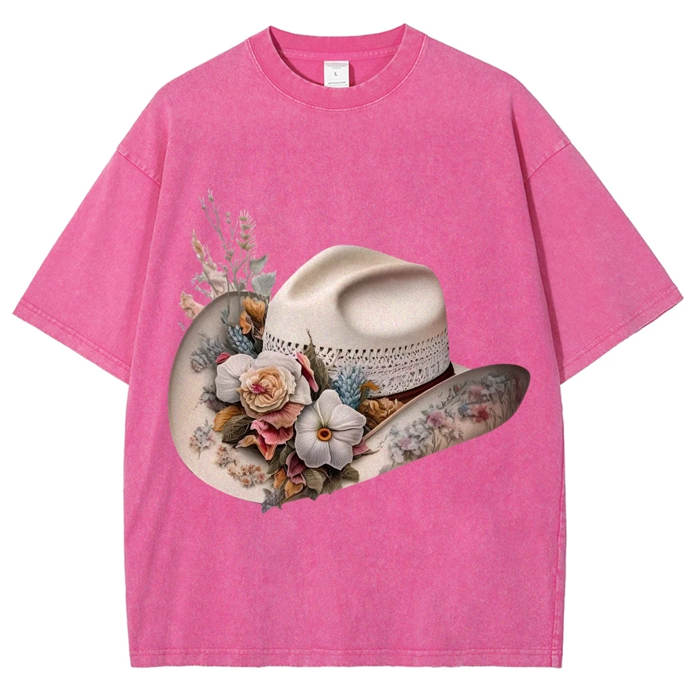 تي شيرت برسومات Y2K، قبعة على الطراز الغربي مع طباعة لهجات الأزهار، قماش ريفي وأنيق، قماش ناعم لراعي البقر - مظهر كاجوال مستوحى