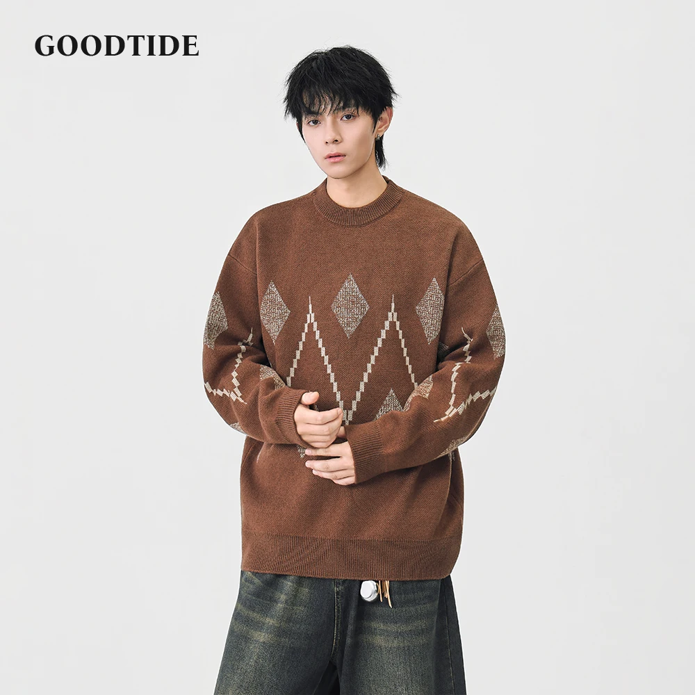 Fashion Men's Casual Crew Neck Sweater 2025 Winter New Argyle Pattern Knitted Pullover Comfortable Soft Long Sleeve Jumper Top