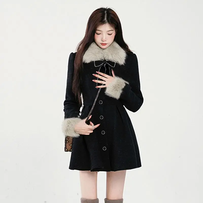 Women Winter Faux Fur Collar Bowtie Suit Dress Coat Slimming  A-Line Pleated Skirt Trench Jacket Furry Long Sleeve Tops 2024