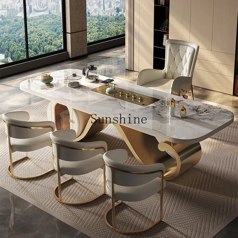 

Light luxury rock slab table and chair combination modern minimalist design, creative high-end villa office tea table