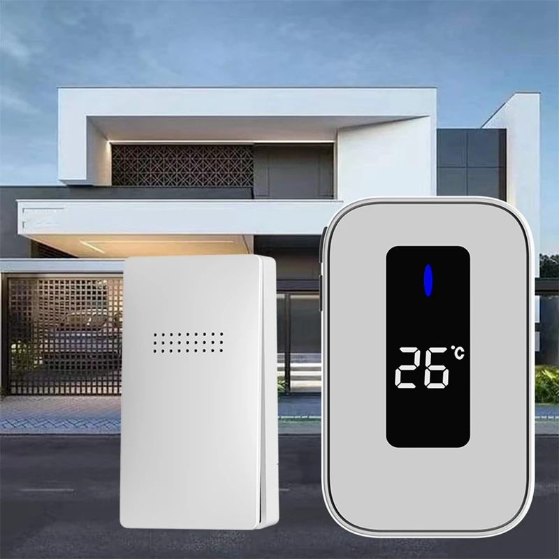 ABDE-Bainha sem fio à prova d'água autoalimentada conjunto de campainha de 38 músicas para casa ao ar livre com display de temperatura