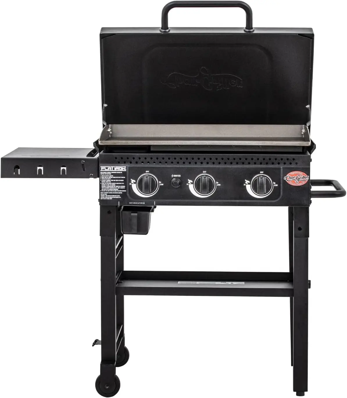 Flat Iron 3-Burner Propane Gas Flat-Top Griddle with Steel Griddle Top, Hinged Lid and Wind Guards, 520 Cooking Sq