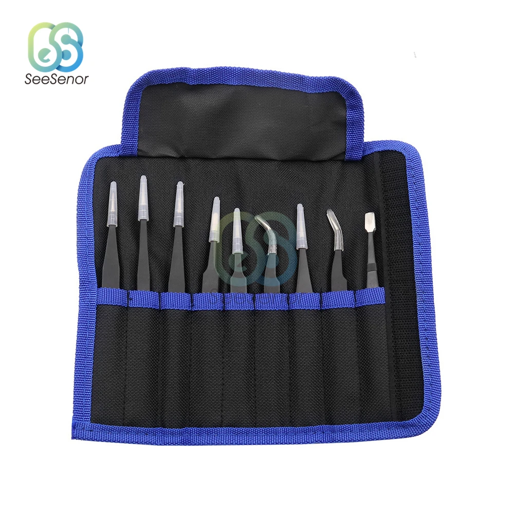 9 in 1 Tweezers Kit Anti Static Stainless Steel Forceps Hand Tools Set for Electronics Mobile Phone Repair BGA Work Tools