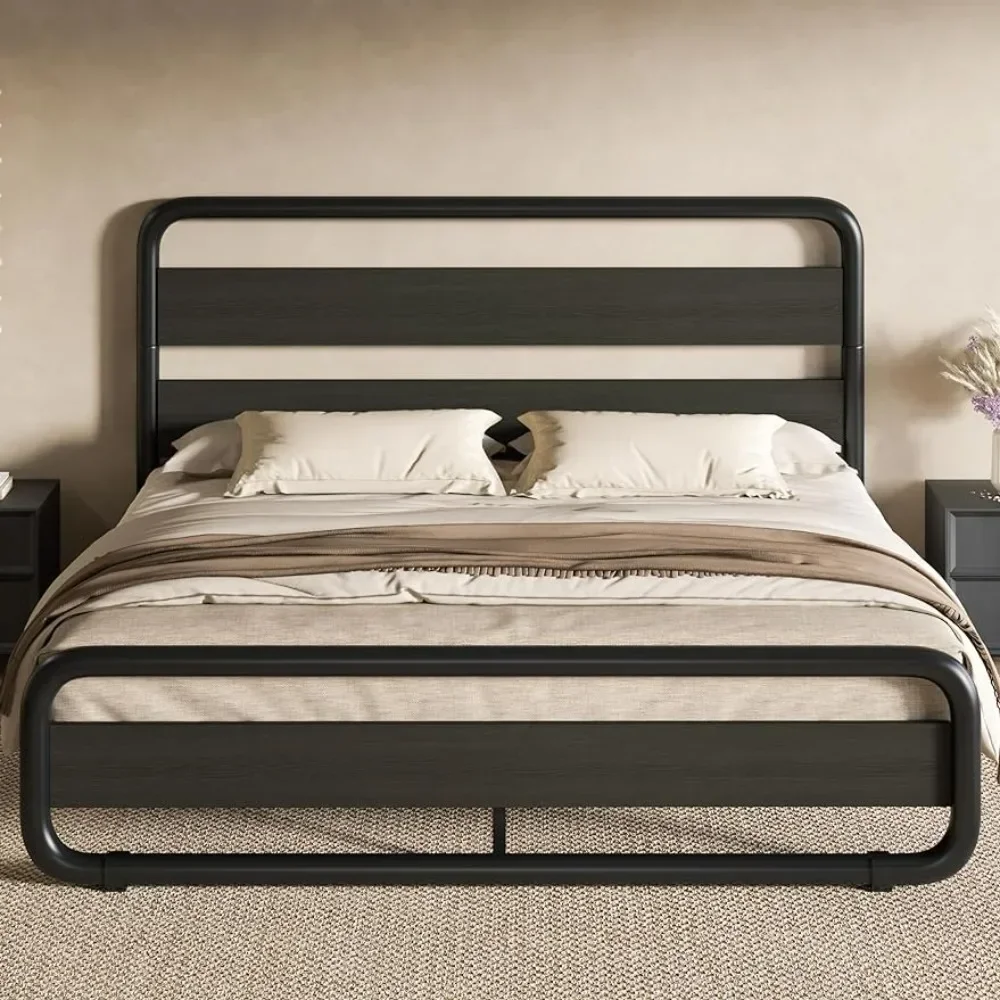 

Full Size Metal Bed Frame With Wooden Headboard and Footboard No Box Spring Needed Noise Free Black Furniture Home