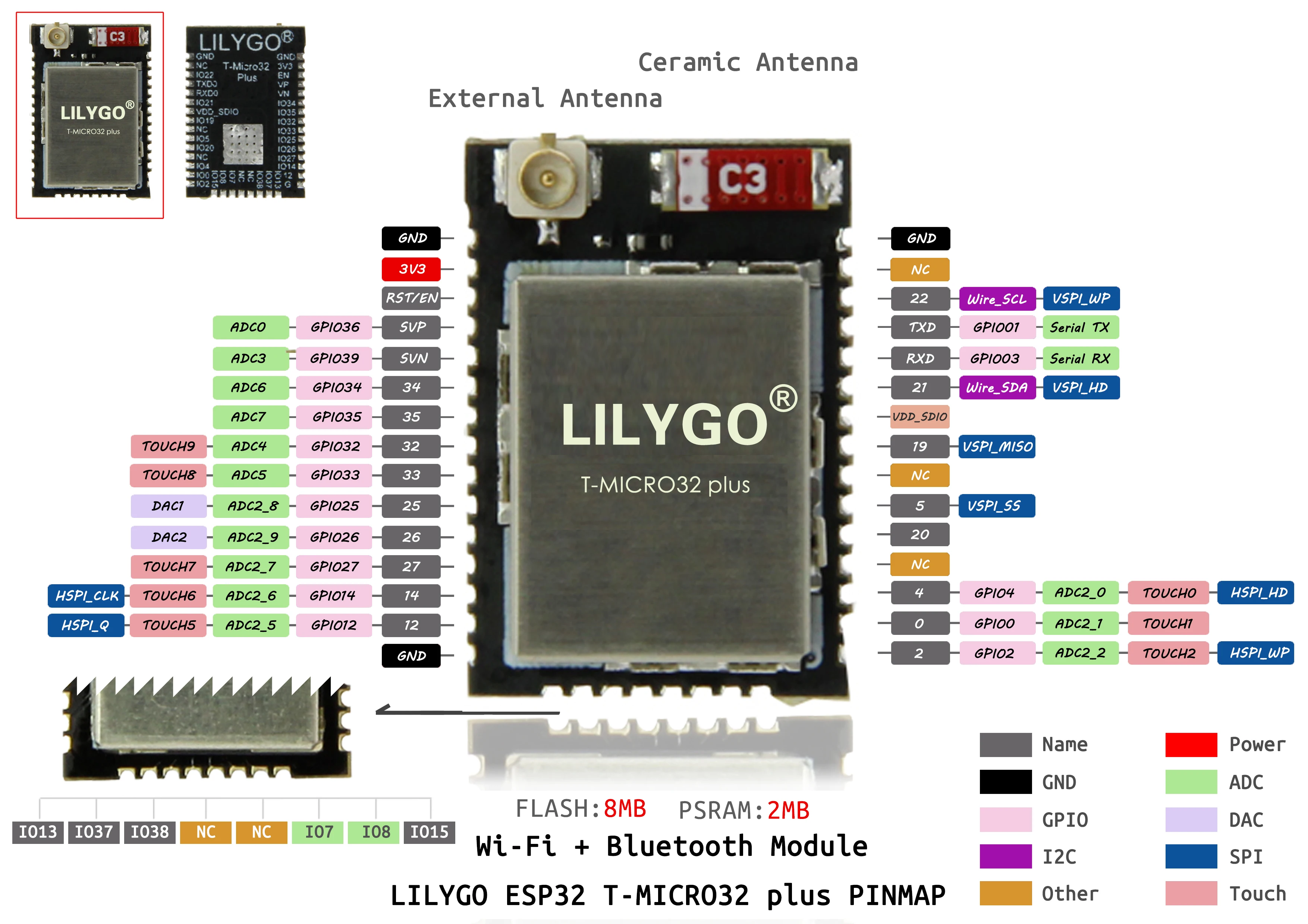 LILYGO®Placa de desarrollo T-Micro32 Plus ESP32, módulo Compatible con WiFi, Bluetooth, 8MB, Flash, 2MB, Psram, ESP 32, para Arduino