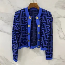 New Autumn Knitted Cardigan for Women Vintage Jacquard O Neck Long Sleeve Gold Buttons Sweater Streetwear Coat Knitwear Tops