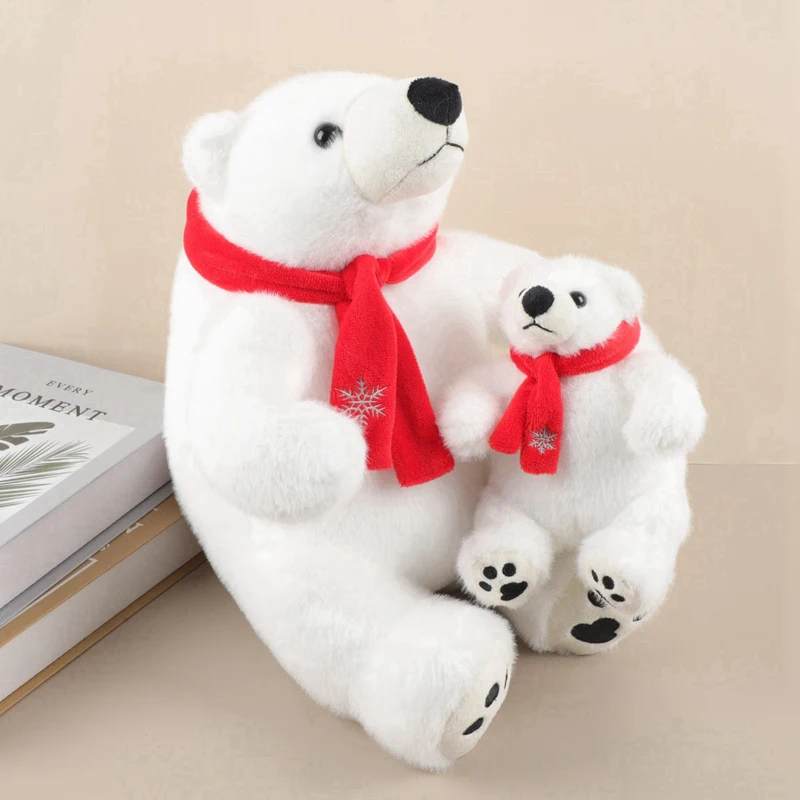 Großfüßiger Sitzender Eisbär Plüschtier mit Rotem Schal Flauschiges Gestopftes Eisbär-Kuscheltier Weiches Rundes Wildtier Zoo-Souvenir – Detail 10