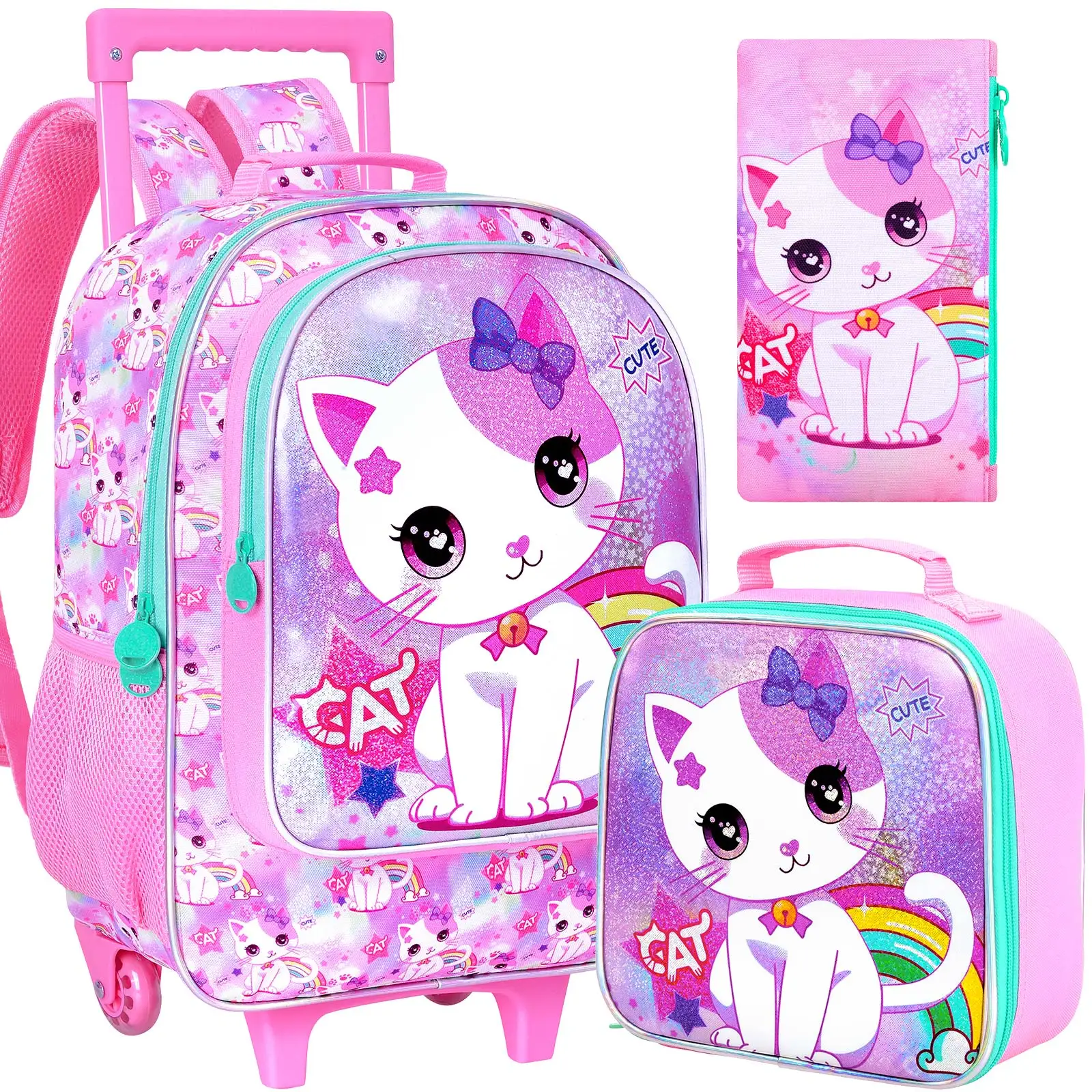 

3PCS Rolling Backpack for Girls and Boys, Kids Roller Wheels Bookbag, Wheeled Elementary School Bag with Lunch Bag