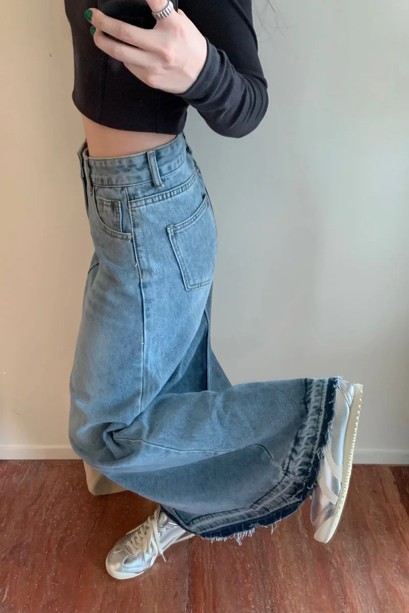 Design Feeling Raw Edge Denim Skirts Women's 2023 Autumn New Loose Straight Slim Skirt High Waist A-line Mid Length Skirts