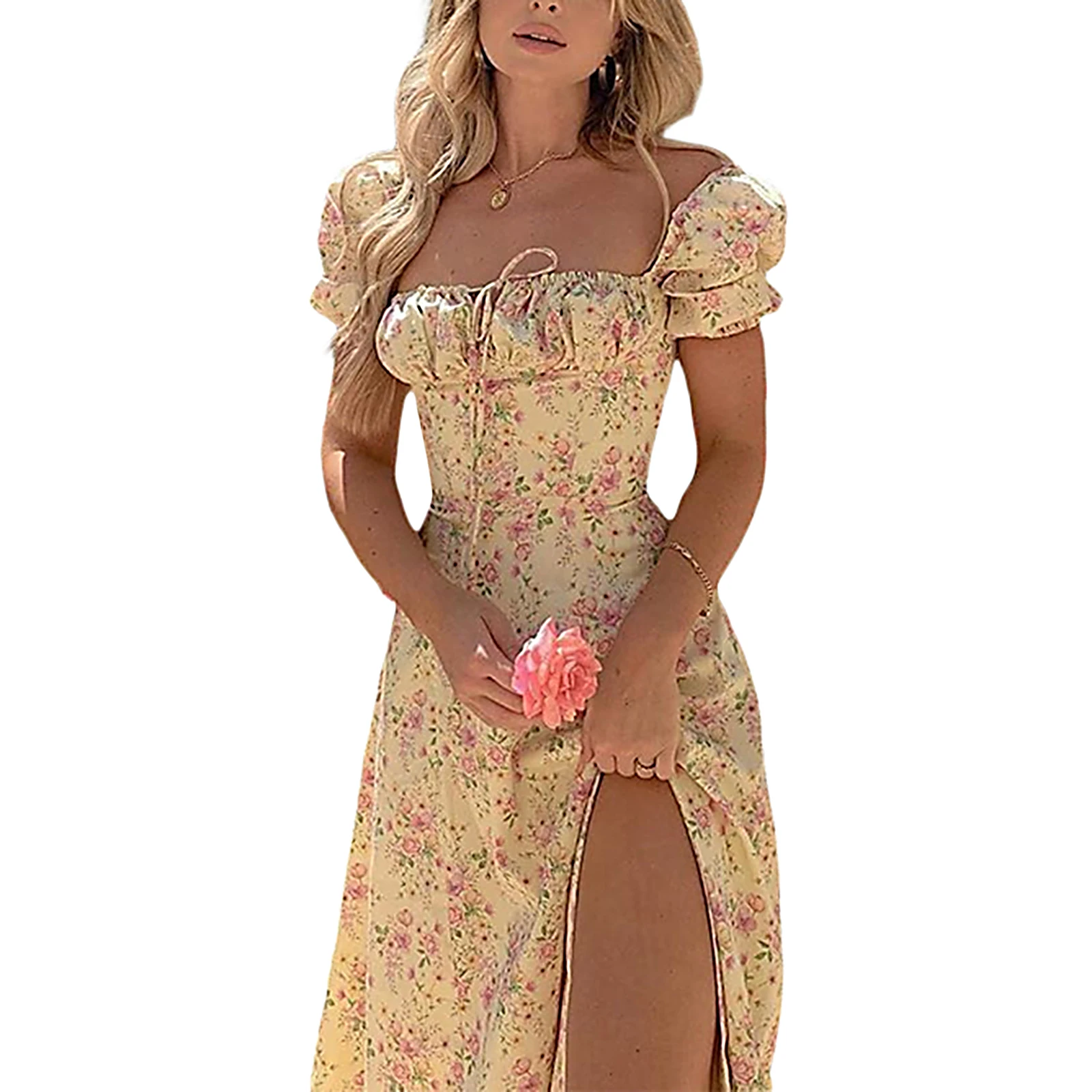 Meihuida-vestido de pradera para mujer, Manga corta abullonada, con cordones en el pecho, estampado Floral, falda larga de alta división, nuevo