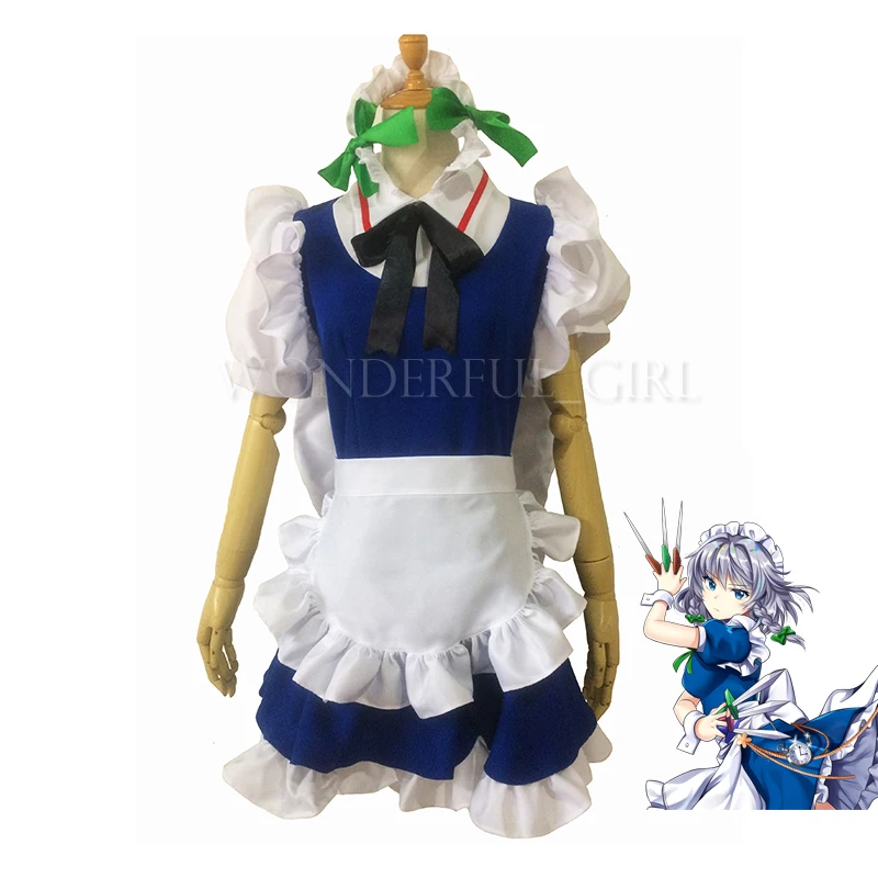 

New Anime TouHou Project Izayoi Sakuya Cosplay Costume Apron Maid Dress Outfit Halloween Costumes for Women Custom Any Size