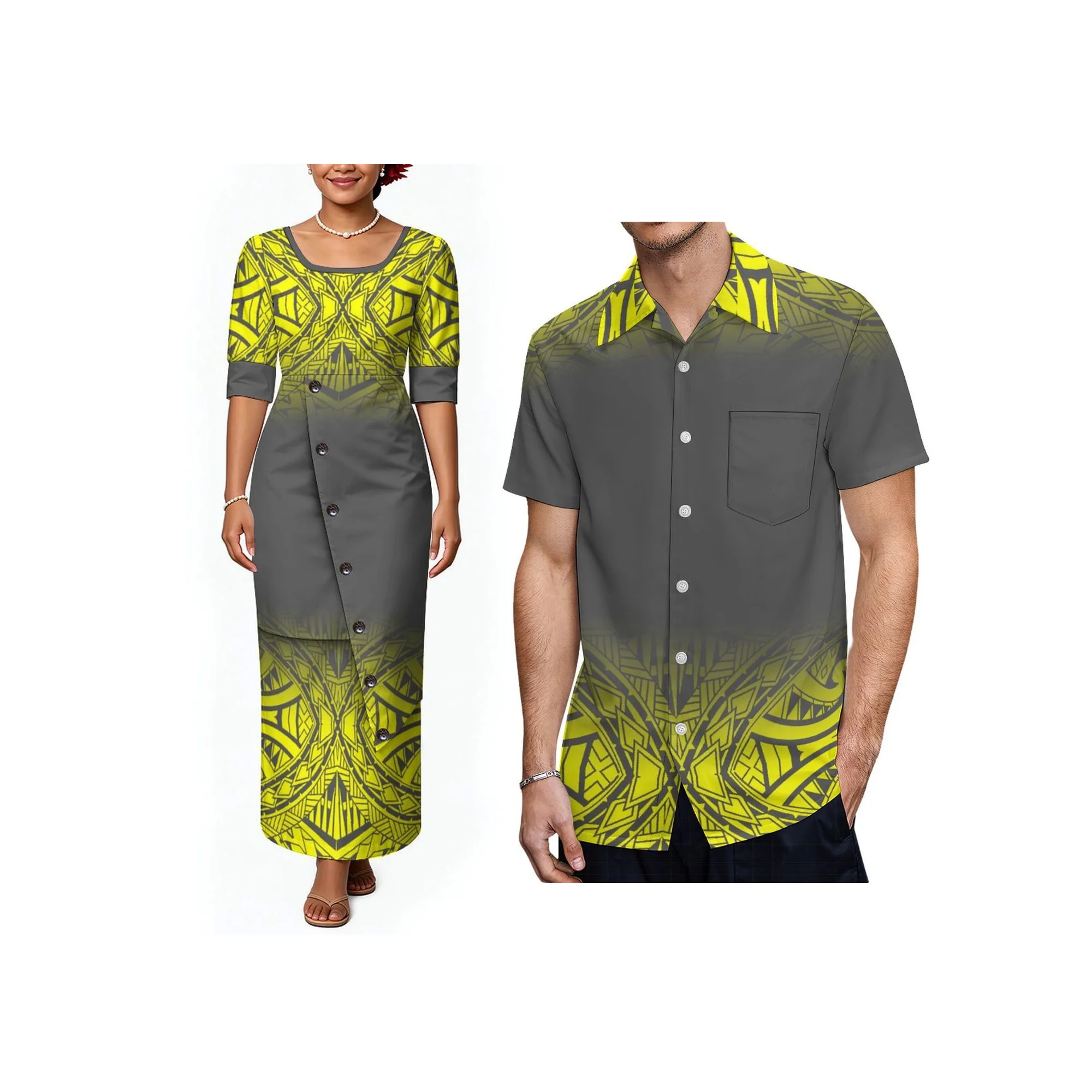 Hot Puletasi Polynesian Print Matching Outfit for Lady Long Dress Men Short Sleeve Shirt Flower Pattern Couple Set