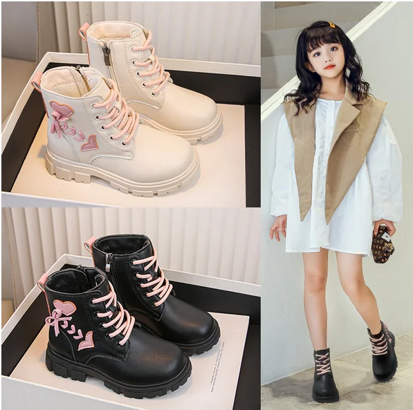 Girls Ankle Boots Children Fashion Boots Pink Elegant Zipper Love Pattern Kids Princess Leather Boots Anti-Slippery Size 26-37