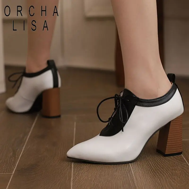 ORCHA LISA Fashion Female Pumps Pointed Toe Block High Heel 8cm Lace Large Size 49 50 Leisure Soft Daily Women Shoes Splice