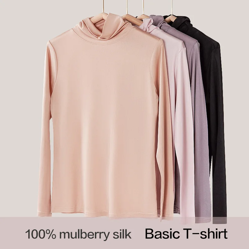 New Knitted Silk Thermal Tops Women Turtleneck Basic Bottom Shirts for Women Mulberry Silk T-shirt Warm Ropa Termica Para Mujer