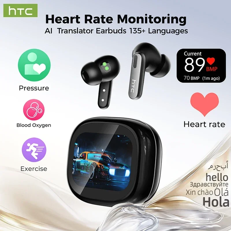 HTC NE46 سماعات بلوتوث لاسلكية رياضية مع مراقب معدل ضربات القلب شاشة LED تعمل باللمس للحد من الضوضاء داخل الأذن مترجم AI Earbu #1