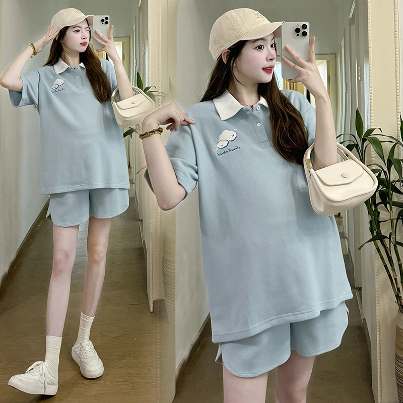 Summer Maternity Tees Suits Set Polo Shirt Belly Shorts Sports Casual Clothes for Pregnant Women During Pregnancy Hospital Wear