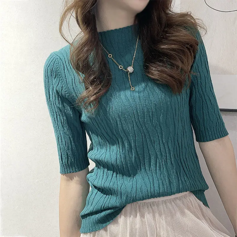 Korean Fashion Folds Solid Color Knitted T-shirt 2023 Casual All-match Short Sleeve Slim Pullovers Tops Summer Women\'s Clothing