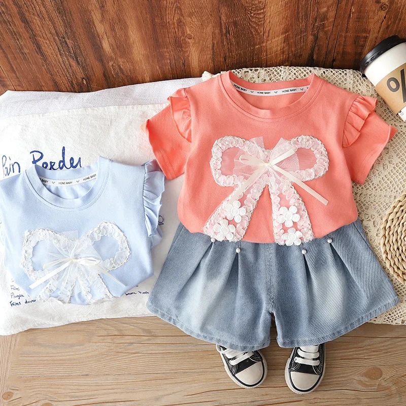 

Girls' Short-Sleeve Outfit with Big Bow1-4Years Old2Baby summer clothing, infant and children's clothing, toddler summer lightwe