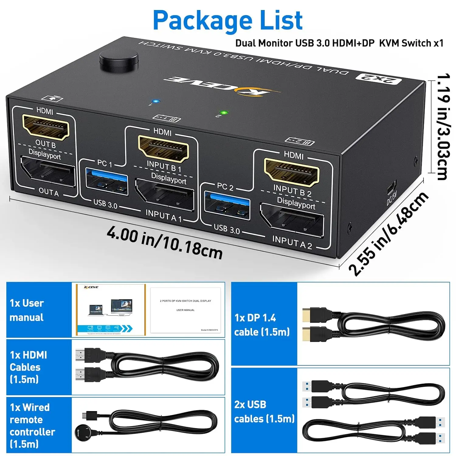 2024 Nieuwe Kceve Dp Hdmi Usb 3.0 Dual Monitoren Displayport Kvm Switch, Ondersteunt Voor 2 Computers Delen Toetsenbord Muis En Monitor