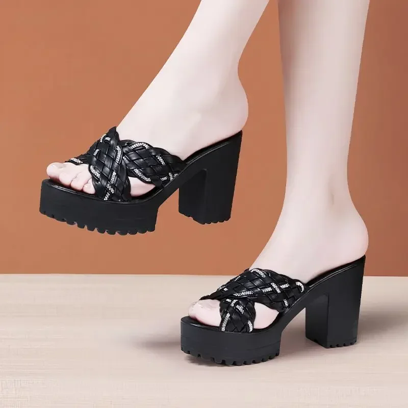 10cm Small Size 32-43 Thick Bottom Chunky Platform Shoes Summer 2024 Rhinestone Knit Block High Heels Slides Women Office Model