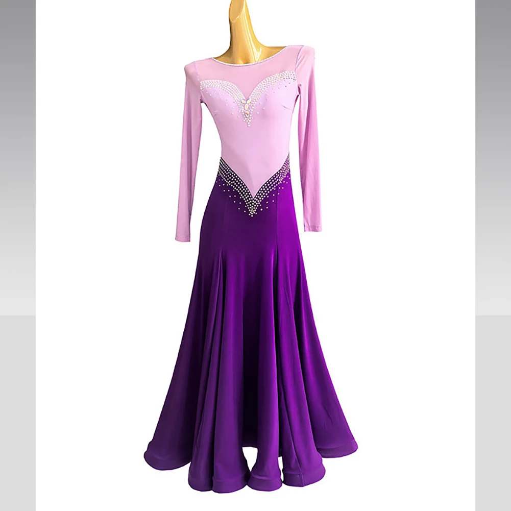 

Новое стандартное бальное платье для танцев с бисером и стразами, для соревнований по вальсу, высококачественное, с круглым вырезом и длинными рукавами