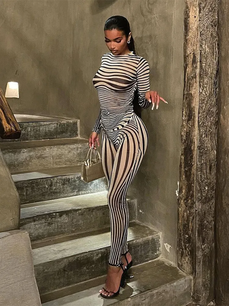 Women's Zebra Striped Printing Outfits, Long Sleeve and Pants, See Through Mesh Body Suits, Sexy Woman Streetwear, 2 Pieces Set