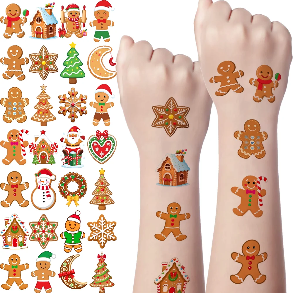 

54pcs Temporary Tattoo Snowflake Cartoon Gingerbread House Reindeer Temporary Tattoo Stickers Candy Cane For Men Adults Women
