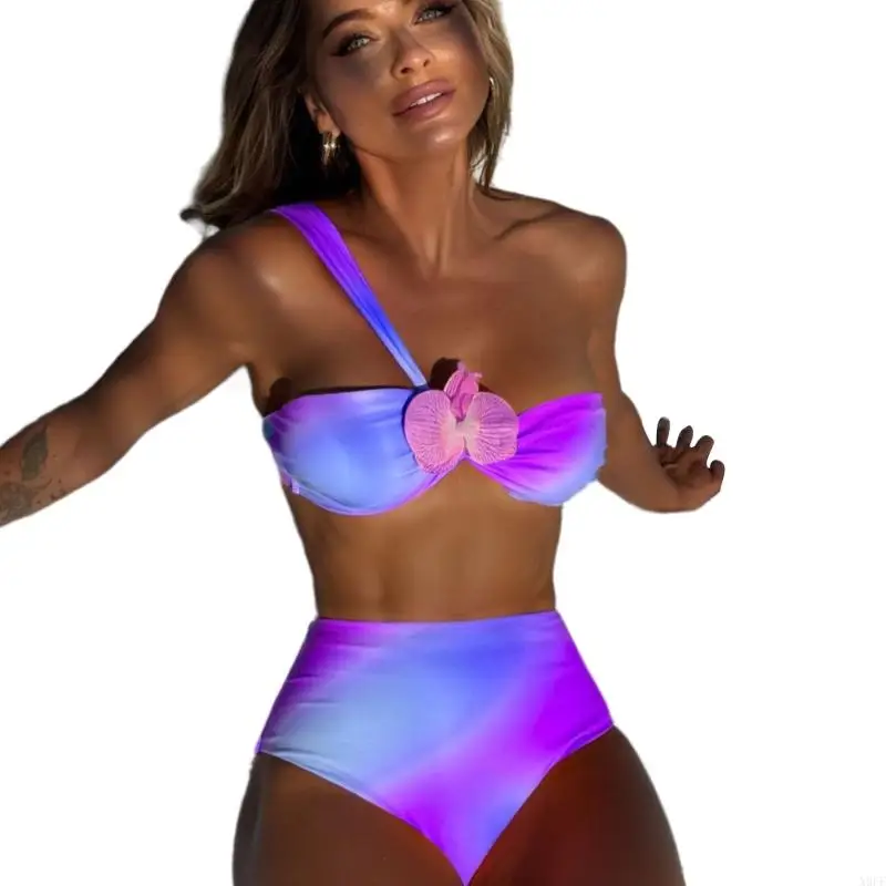 x9ff二枚のピース水着セットハイウエストスプリットタンキニグラディエントフラワーデザインコンフォートウェアビーチプールパーティー衣装