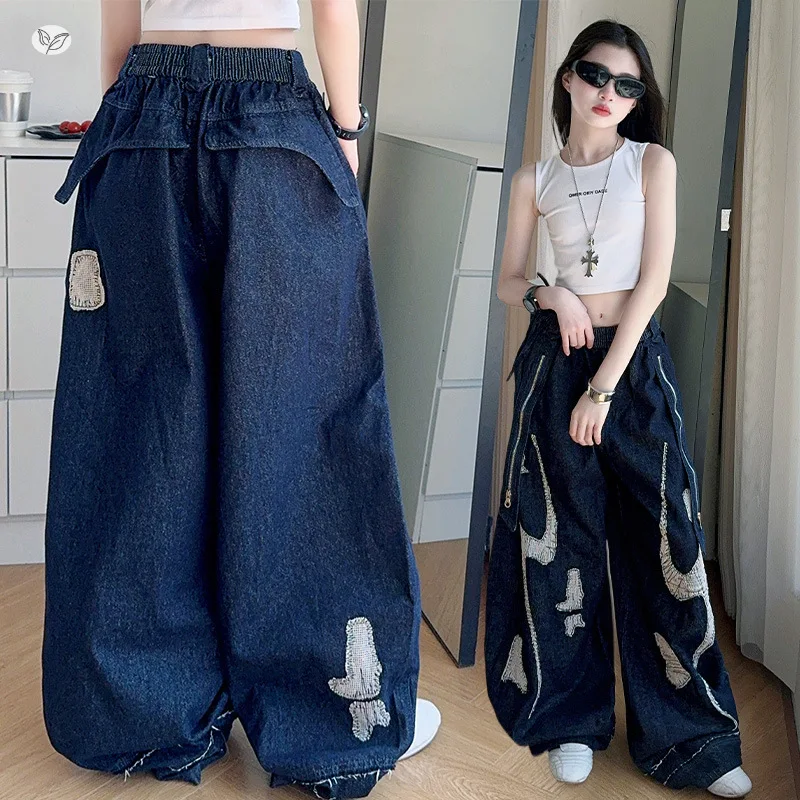 

Girls' Heavy Embroidered Scimitar Jeans 2025 New Wide-leg Pants Suitable for 7-14 Years Old Teens Loose-fitting Jeans for Summer