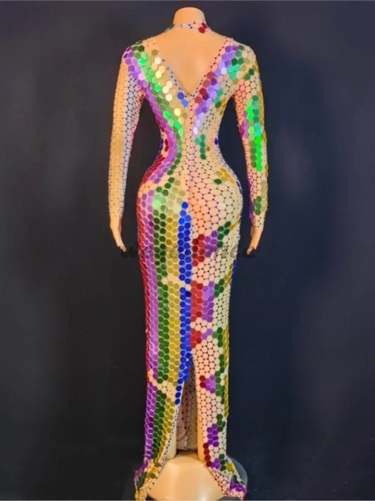 Party Model Mesh Colorful Mirrors Rhinestones Wrap Hip Long Dress Performance Costume For Woman