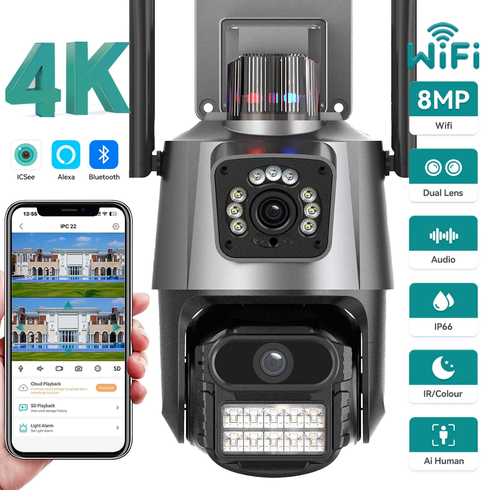 

8MP 4K PTZ Wifi IP Camera Dual-Lens AI Auto Tracking Anti-theft Siren Dual Screen 4MP Waterproof Outdoor Surveillance Camera