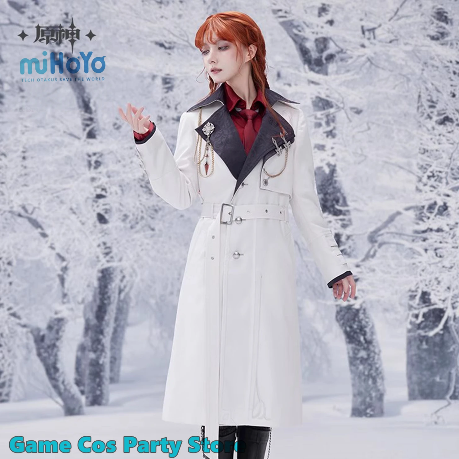 [حقيقية] Genshin تأثير Fatui Harbingers الصقيع واللهب معطف طويل أنيمي لعبة تأثيري ازياء المرأة ملابس خارجية بروش قلادة