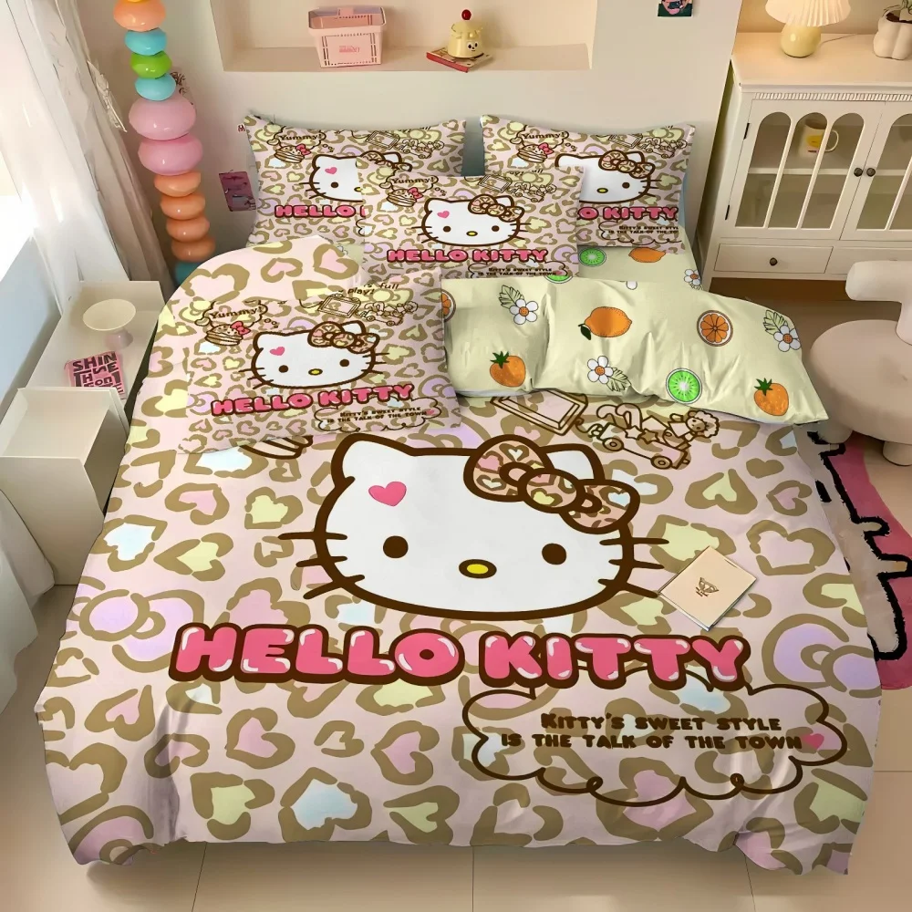 Hello Kitty Cartoon Duvet Cover Set - Soft Bedding Set with Pillowcase, Christmas Gift Printed Quilt Cover for Bedroom, Full/Que
