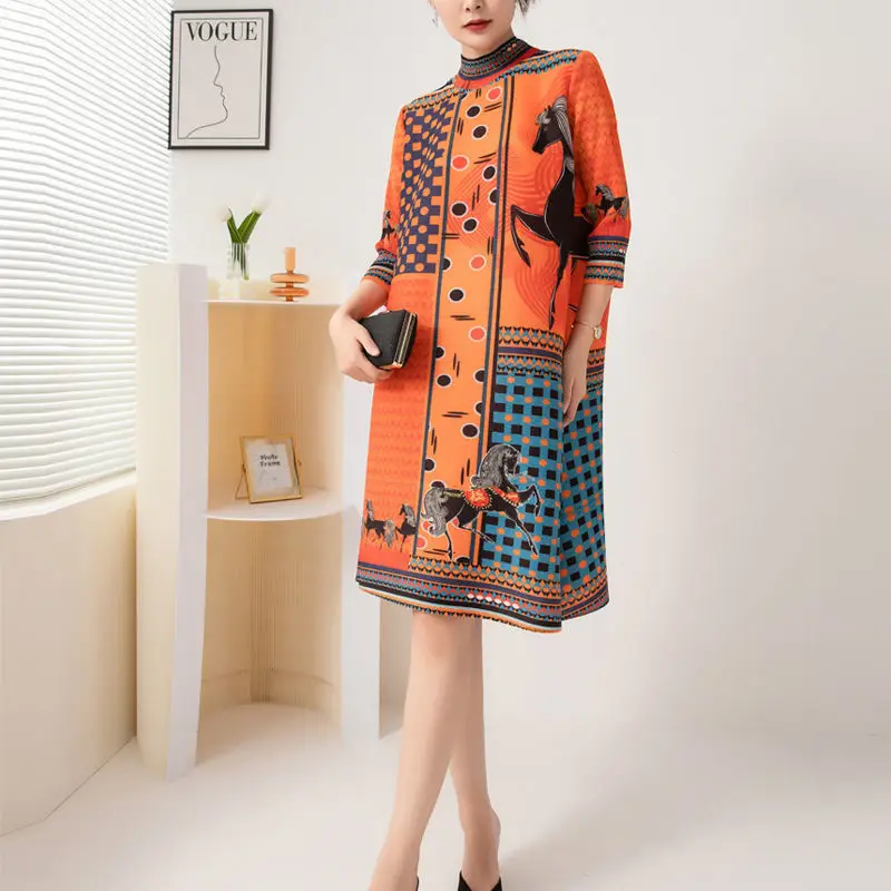 Folded Dress Spring and Autumn New Fashionable Ethnic Style Printed Half High Neck Loose Slim Mid length Dress