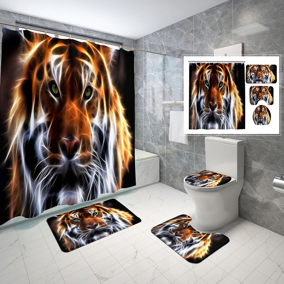 4 Pcs Cartoon Tiger Shower Curtain Sets Fantasy Creative Creature Non-Slip Bath Mat Toilet Cover Waterproof Shower Curtain Set