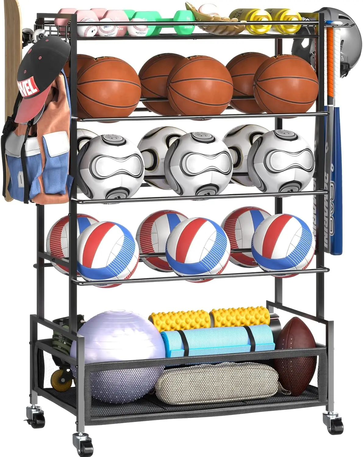 

5-Tier Rolling Ball Cart with Hooks and Wheels for Indoor/Outdoor Sports Equipment Storage