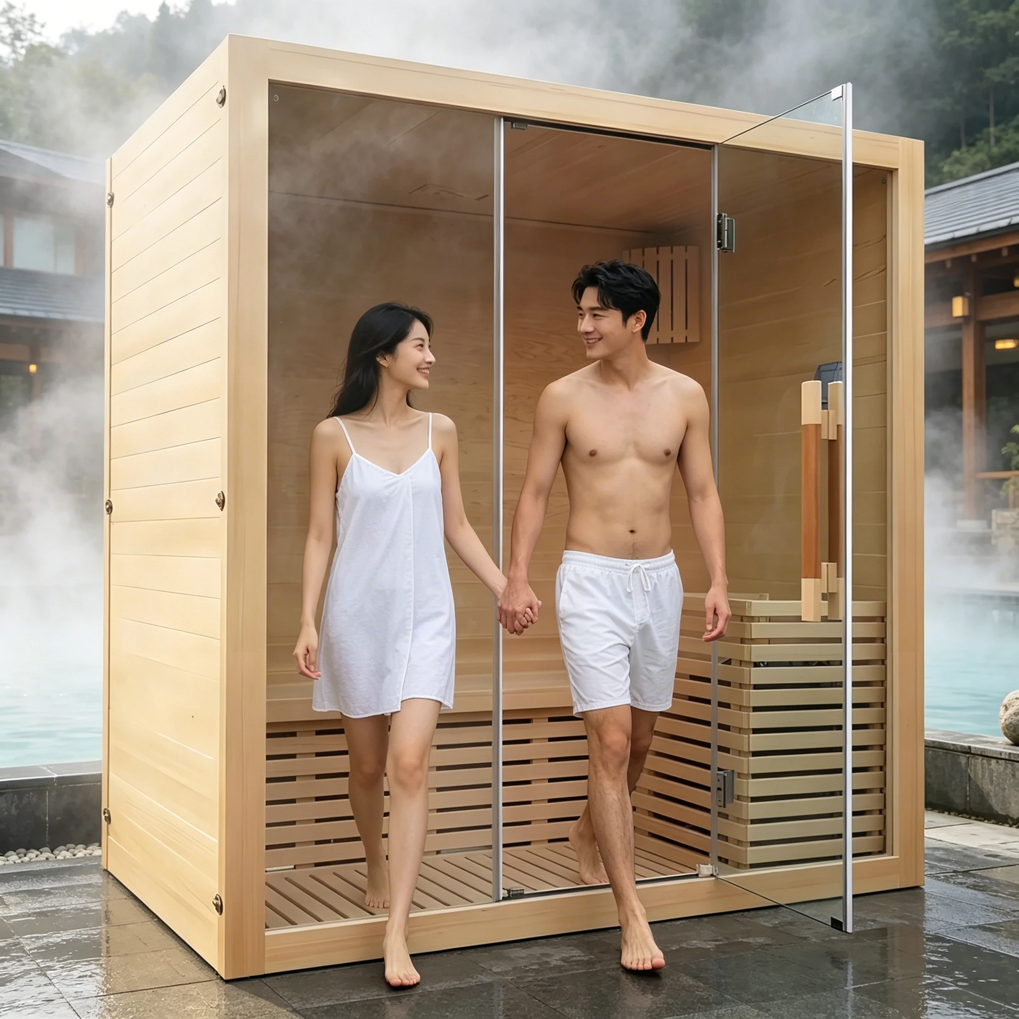 Outdoor Family Sauna Cabin Barrel Type Wooden Structure with High Temp Heater for Garden Leisure Experience