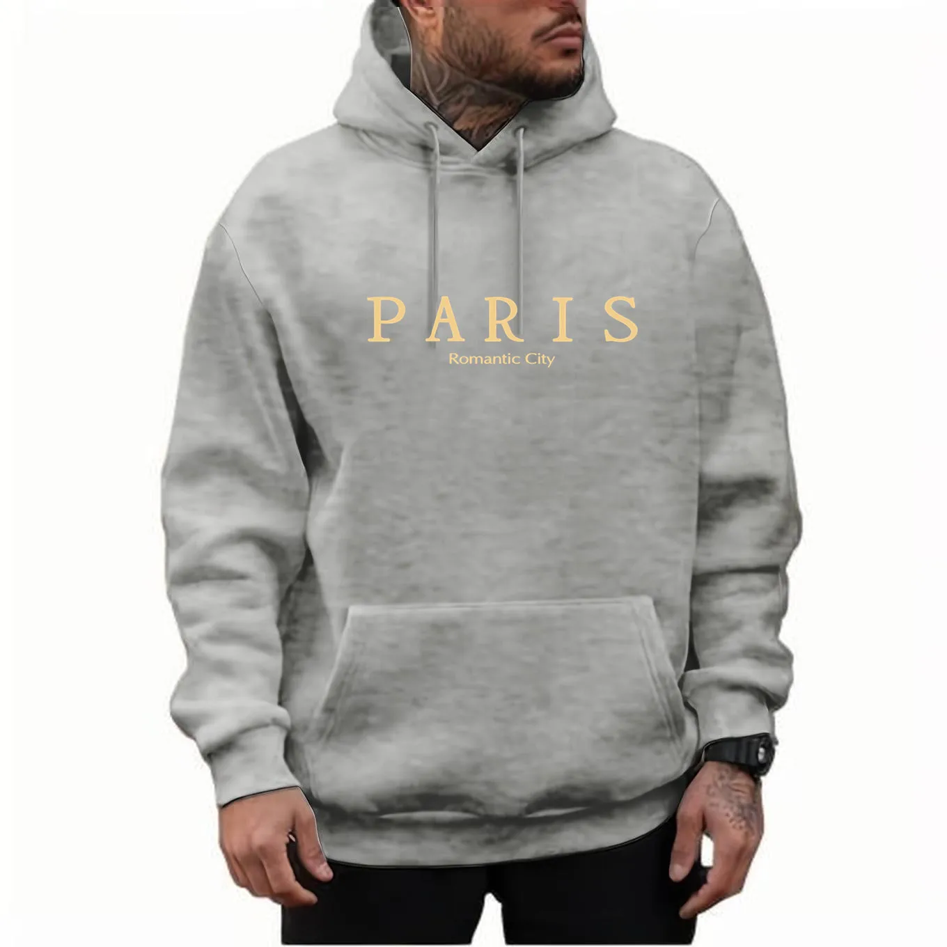 PARIS Romantic City Print, Sweatshirt With Long Sleeves, Men\'s Creative Slightly Flex hooded Pullover For Spring Fall And Winter