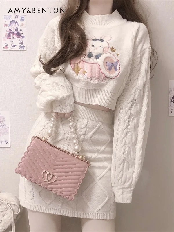 

Autumn and Winter New Women's Sweet Cute Rabbit Embroidered Round Neck Sweater High Waist Short Skirt Two-Piece Set