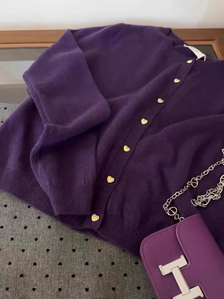 معطف سترة محبوك أرجواني للسيدات مع قلب بلز ملابس خارجية للخريف والشتاء ملابس خارجية غير رسمية طويلة Sve مستديرة Ne #1