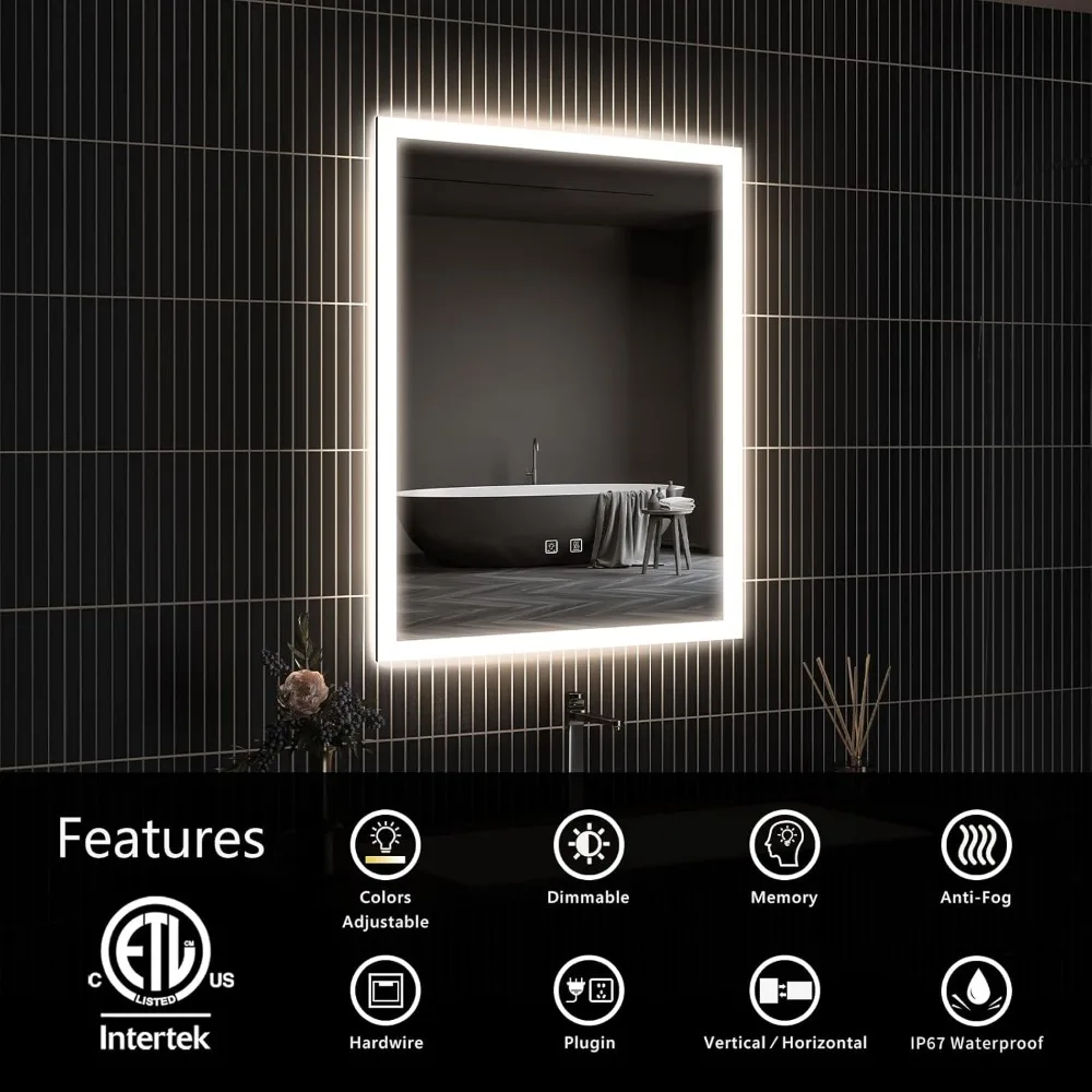 24 x 30 Zoll AprilSoul LED-Badezimmer-Kosmetikspiegel mit zwei Beleuchtung, 3 Farboptionen, Speicherfunktion und Antibeschlag