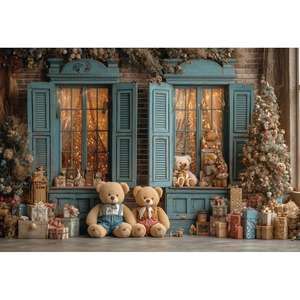 عيد الميلاد التصوير خلفية عيد الميلاد متجر نافذة خشبية دمية دب الاطفال الأسرة صور التصوير خلفية ديكور الحفلات الدعائم