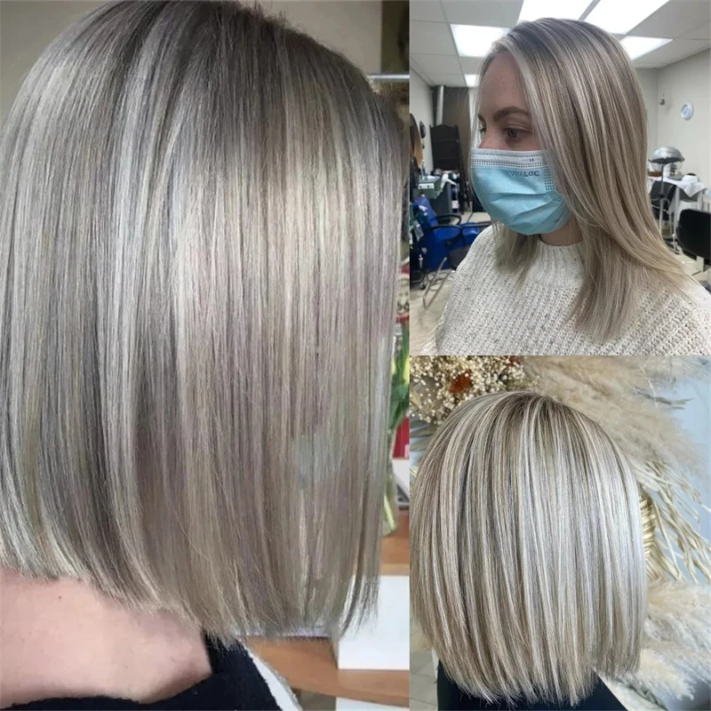 

Ombre Ash Platinum Blonde HD Парик фронта шнурка Короткий прямой боб Синтетический парик Бесклеевой парик Парик высокой плотности для женщин Ежедневная вечеринка
