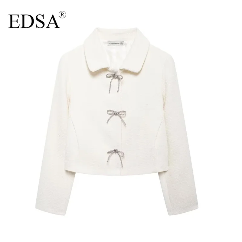 EDSA Women White Tweed Jackets with Bow Vintage Single Breasted Lapel Neck Long Sleeves Textured Coat Female Chic Lady Outfits