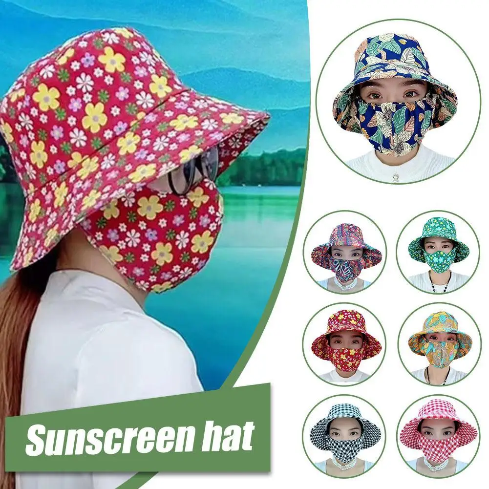 Women Anti-UV Sun Hat Beach Foldable Sunscreen Floral Print Caps Neck Face Care Wide Brim Hat New Summer Outdoor Riding