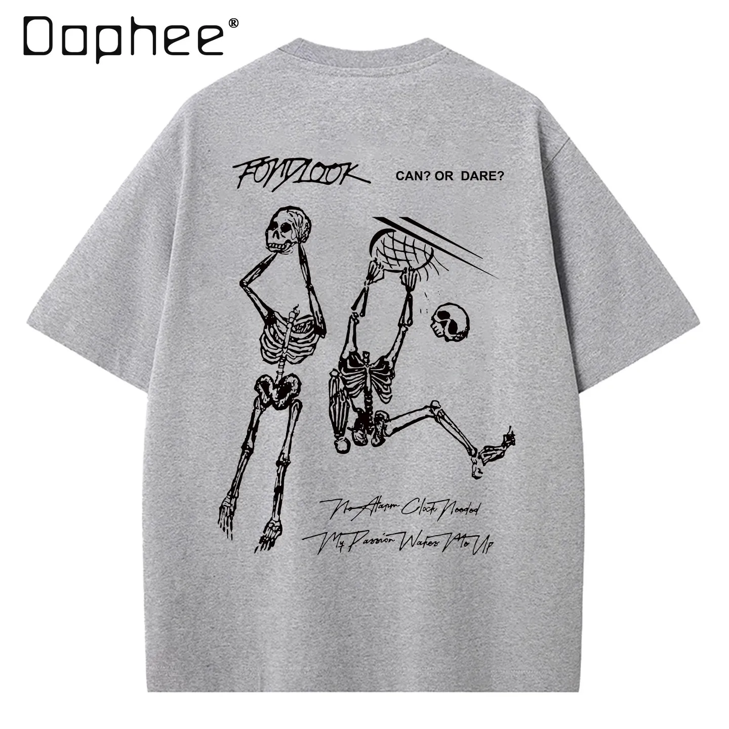 2026 Summer American Dark Streetwear Men Double Skeleton Fishing Net Letter Print Short Sleeve T-Shirt Loose Casual Black Top
